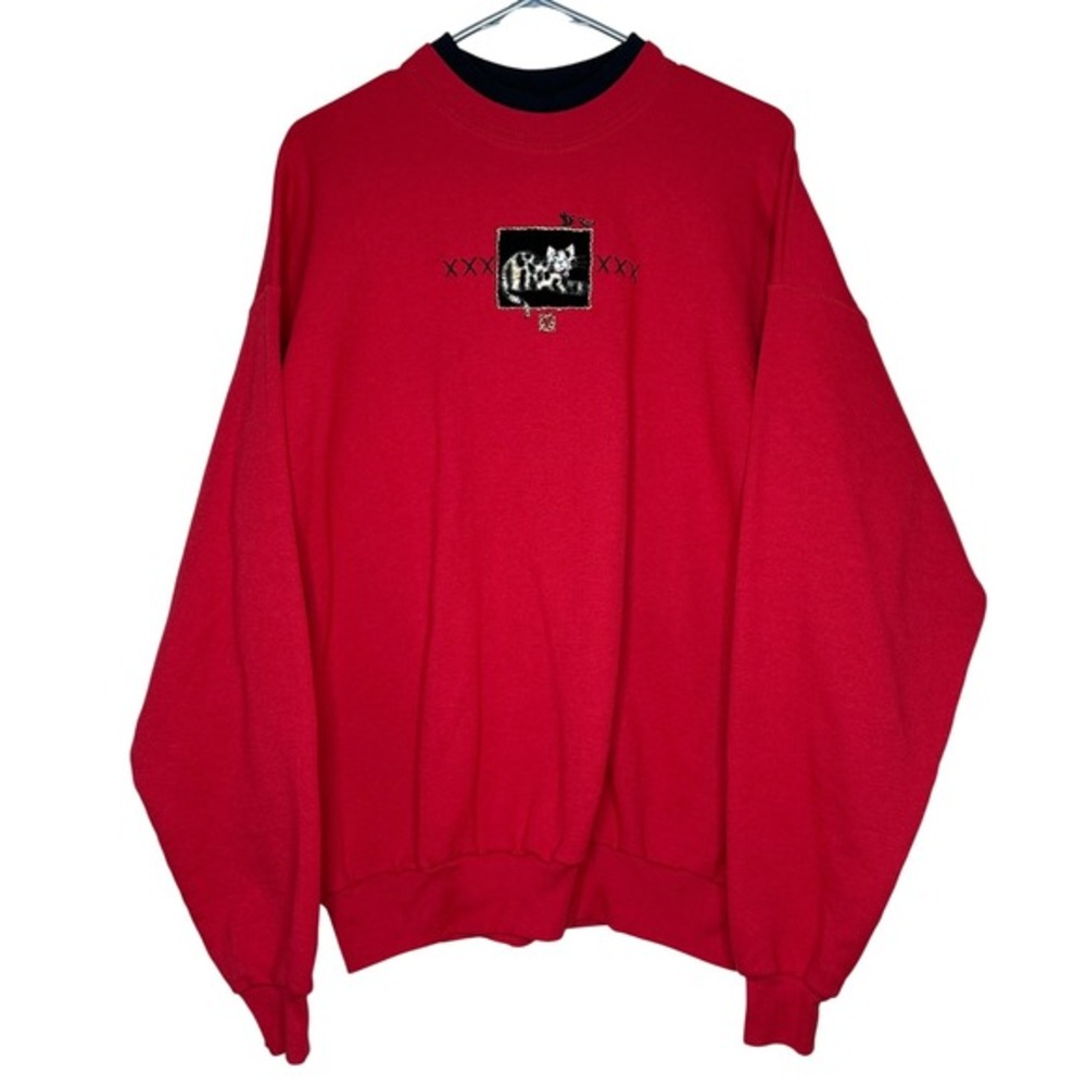 Vintage Top Stitch Sweatshirt Women's Large Red velvet cat Grandmacore Granny‎